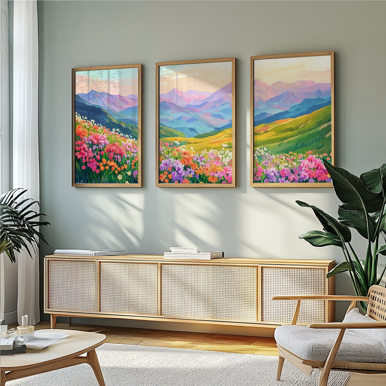 Modern Boho Mountain Wall Art Set of 3 – Wild Flowers Landscape Posters for Nature Room Decor