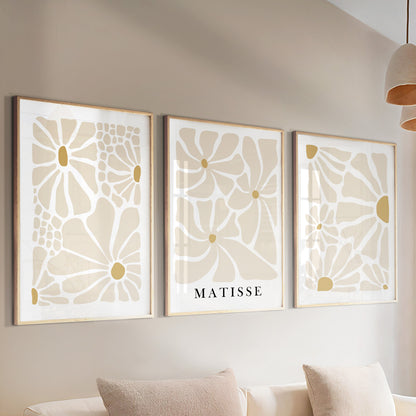 Beige floral Matisse prints – modern abstract boho wall art set for above bed or living room.