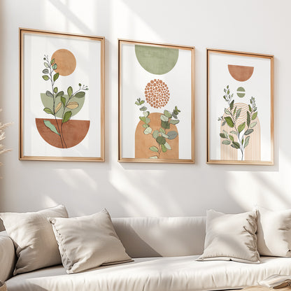 Terracotta Green Boho Art Set of 3 – Mid Century Modern Neutral Wall Art, Large Prints for Bohemian Living Room & Bedroom