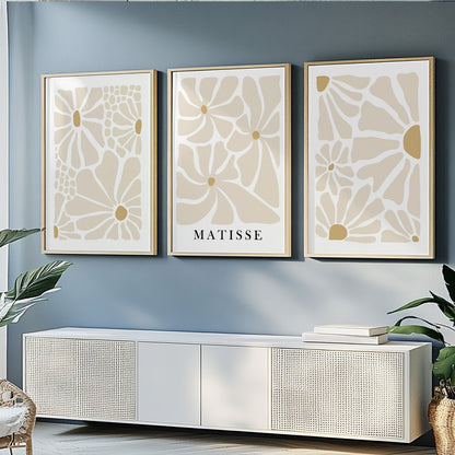 Beige botanical print set of 3 – Matisse-style boho wall decor for calm, modern spaces.