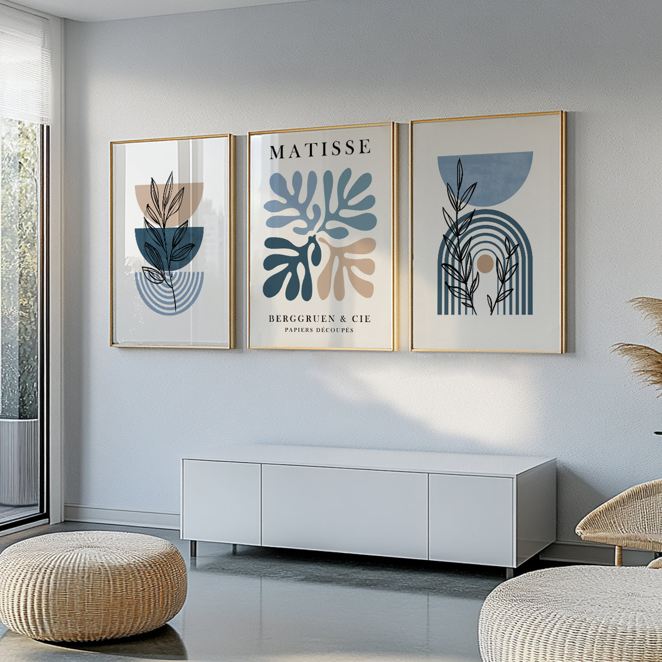Set of 3 Mid Century Matisse Prints – Neutral Botanical Wall Art, Large Gallery Set Above Bed, Bedroom and Living Room Decor