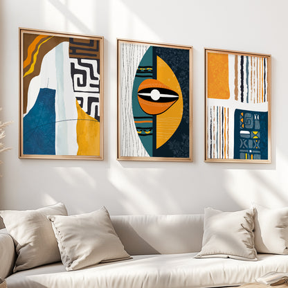 Abstract African wall art set of 3 – vibrant tribal ornament prints, modern minimalist above bed decor
