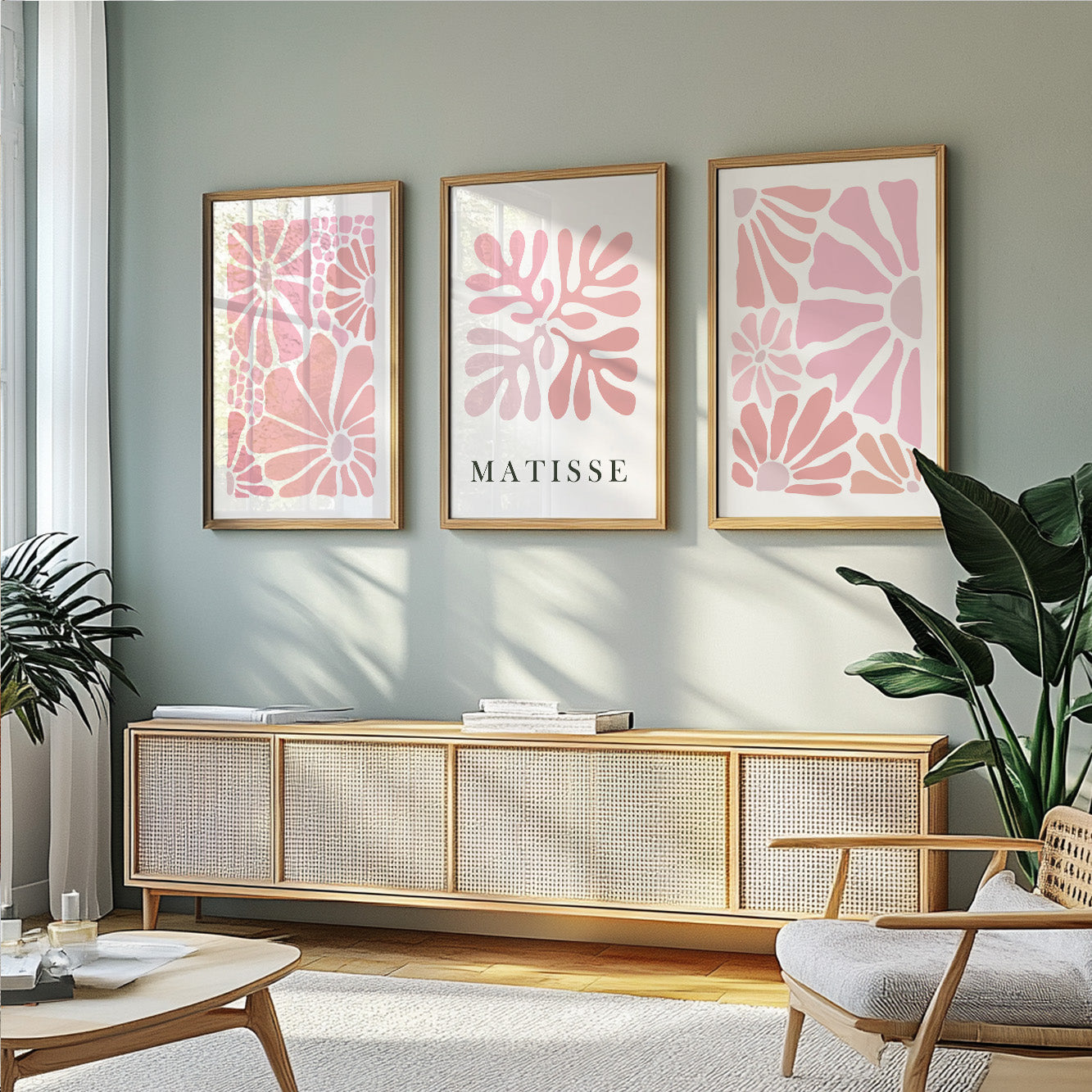 Abstract Pink Floral Matisse Set of 3 – Minimalist Mid Century Modern Gallery Wall Set, Vintage Neutral Aesthetic Decor