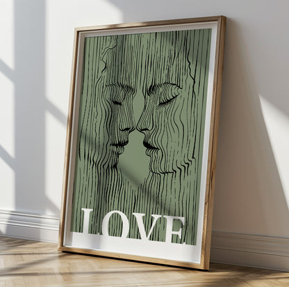 Abstract Sage Green Love Couple Print – Kissing Lovers Portrait for Bedroom or Living Room Wall Art