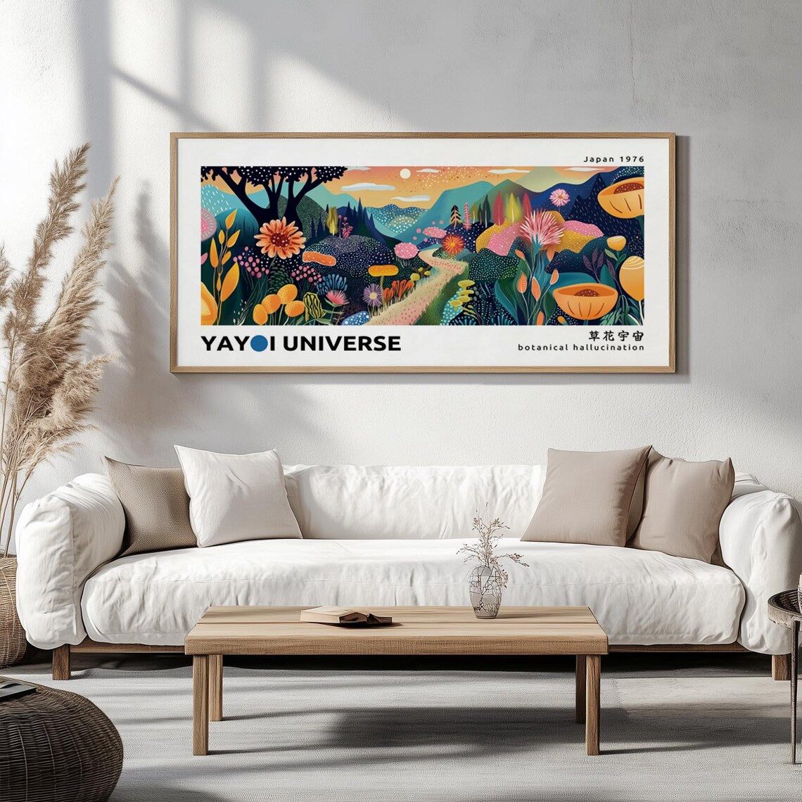 Bold mountain landscape print – abstract floral sunset art with Kusama-style dot textures.