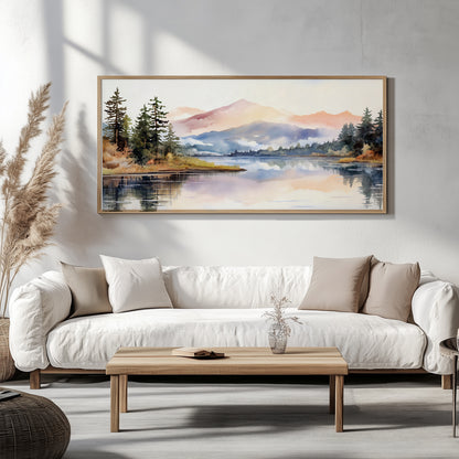 Peaceful panoramic wall art of misty pastel mountains and a still forest lake in watercolor style, perfect for modern and minimalist room aesthetics.
