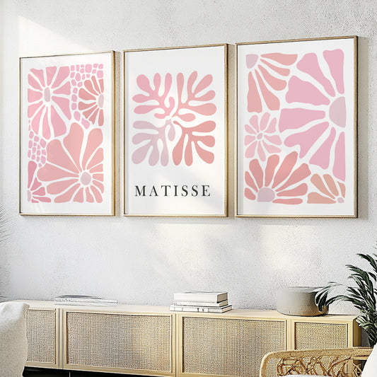 Abstract Pink Floral Matisse Print Set of 3 – Neutral Minimalist Mid Century Gallery Wall Set, Vintage Trendy Poster Set