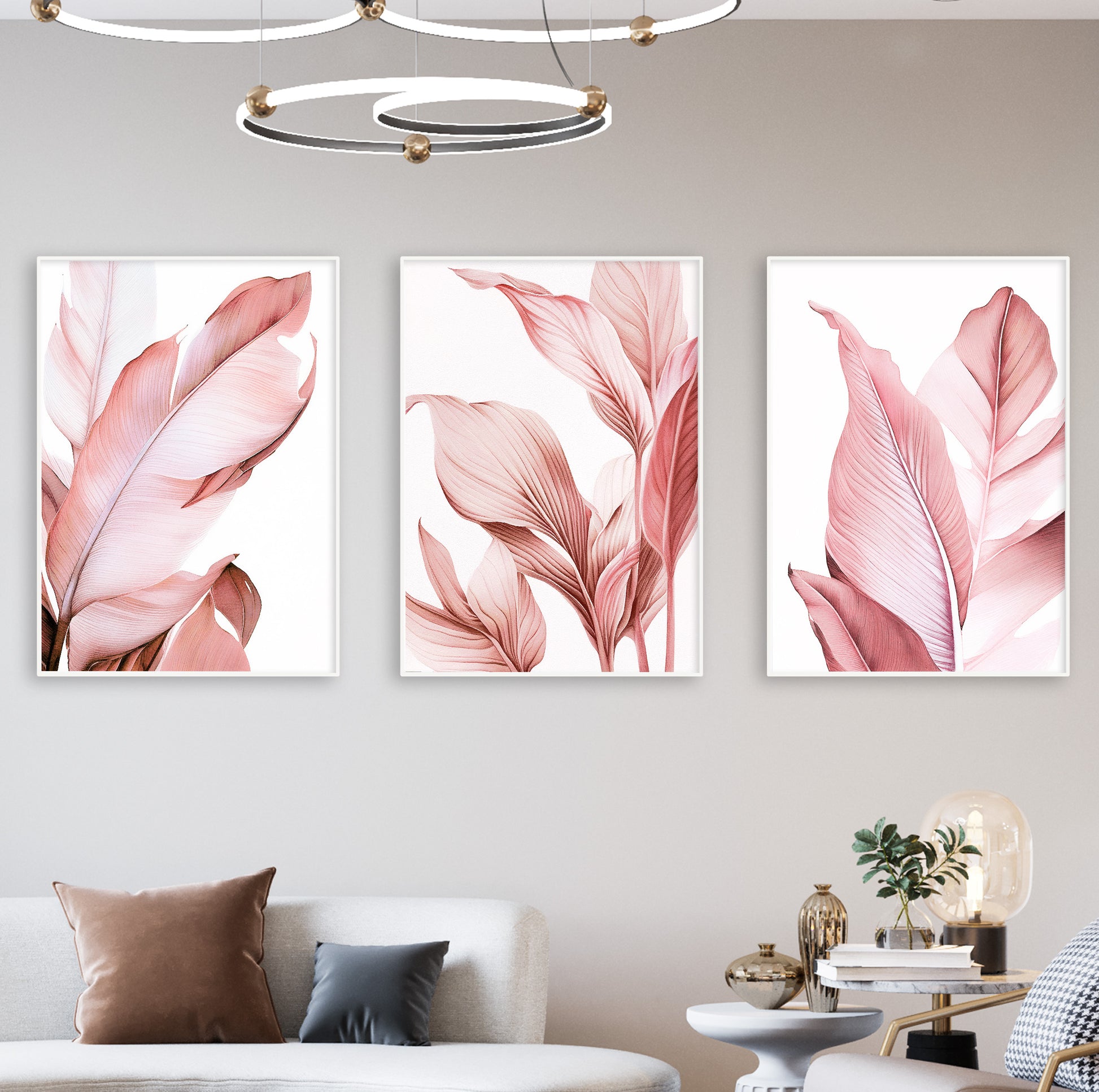 Elegant composition of pink and blush botanical leaves in clean white frames, ideal for bedroom wall art.


