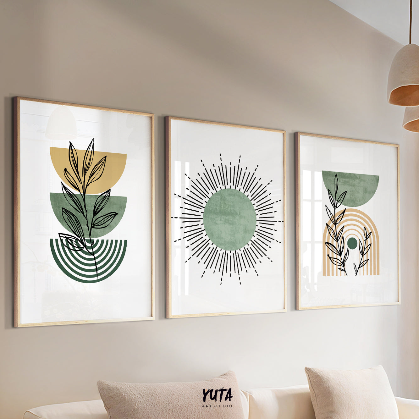 Mid century abstract botanical posters in green and beige tones for living room decor
