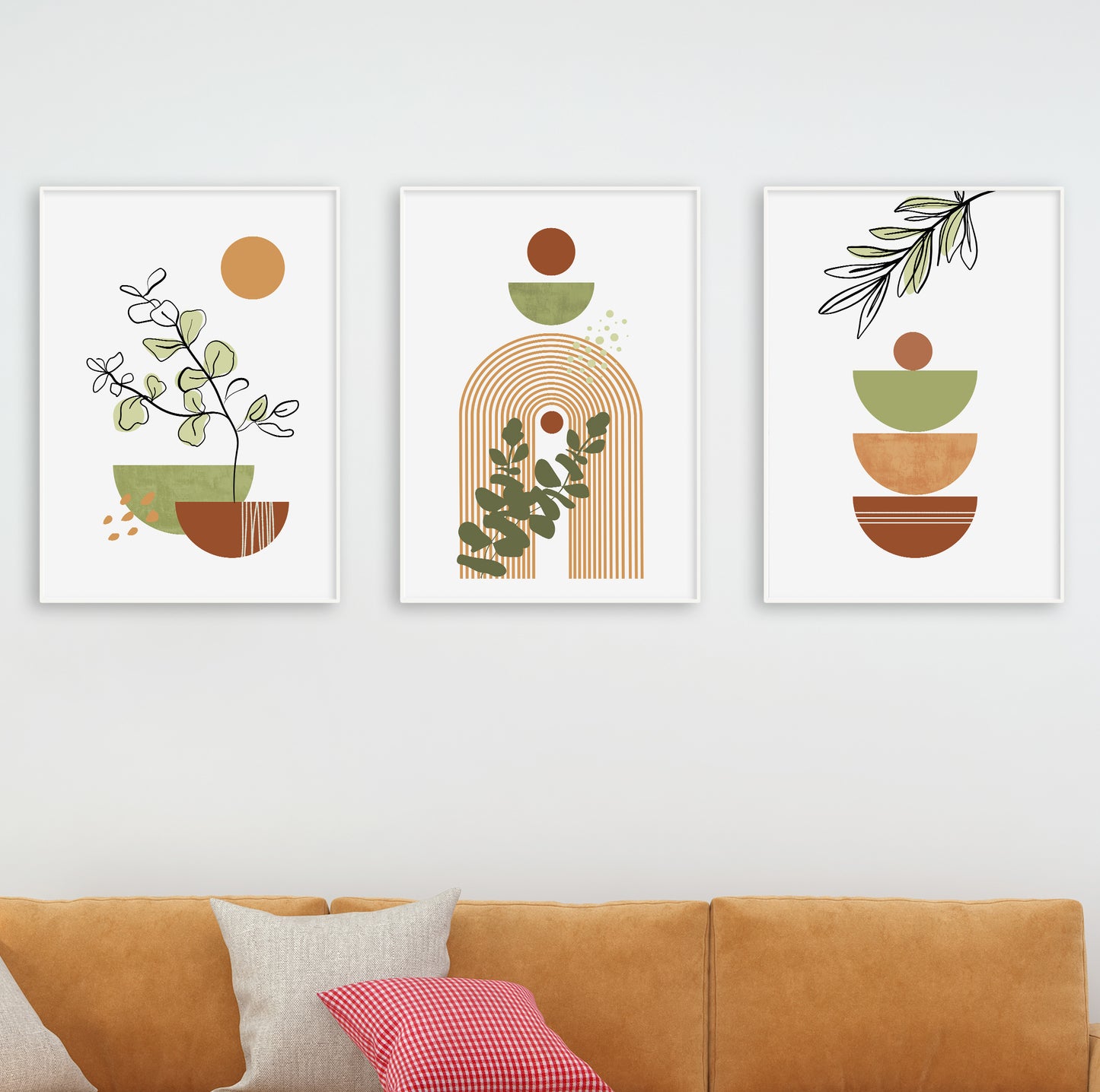 Minimalist botanical artwork in neutral tones of rust, green and beige.

