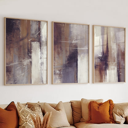 Modern abstract artwork in a soft blend of neutral colors including brown, taupe, and ivory.

