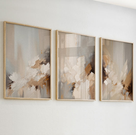 Neutral abstract artwork featuring soft beige and cream tones with flowing brushstroke texture.

