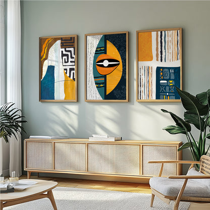 Bright tribal ornament African American art set – 3-piece abstract colorful gallery wall decor for bedroom or living room