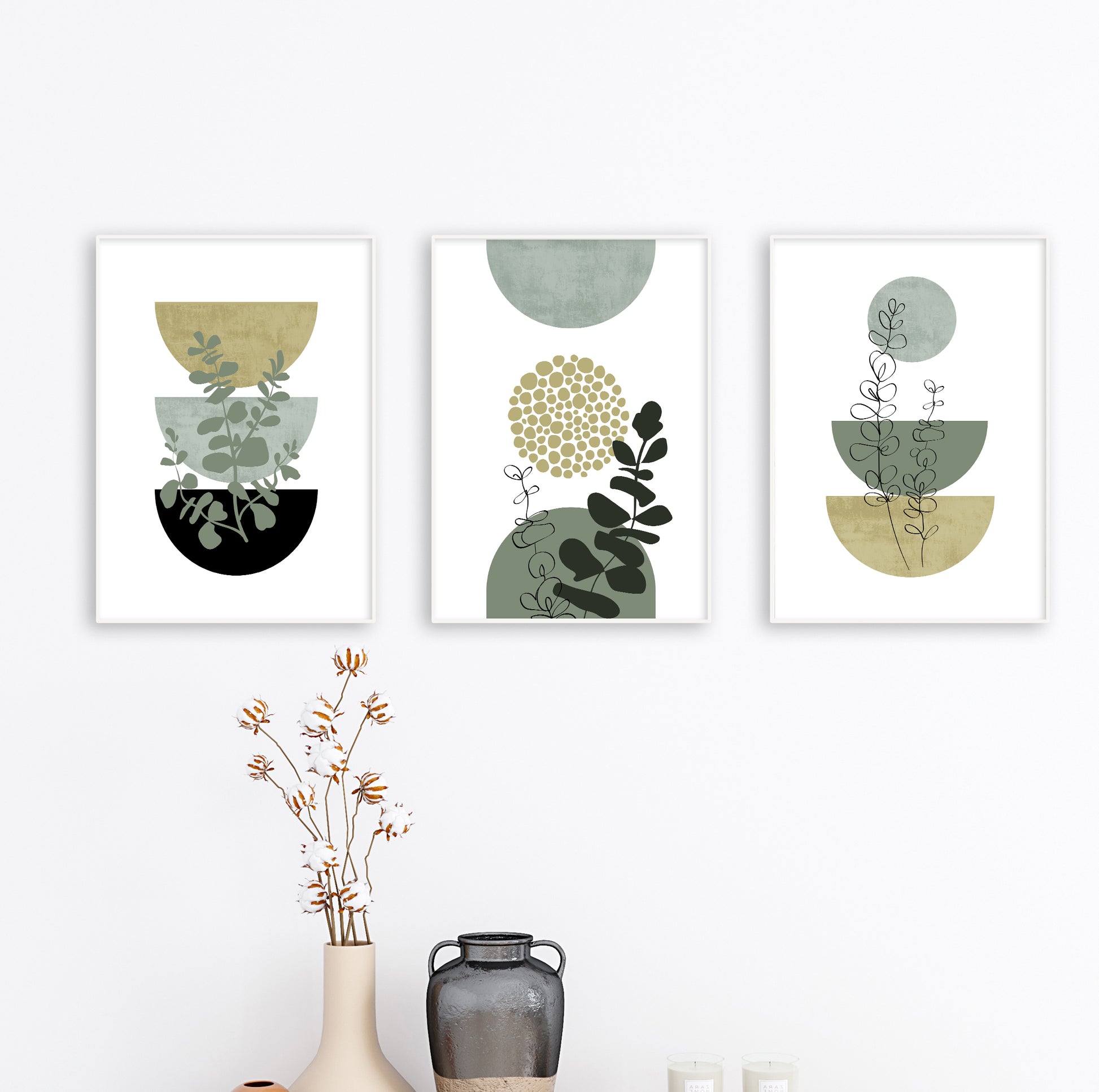 Minimalist plant line drawing emerging from half-circle planters in a soft green and olive palette.

