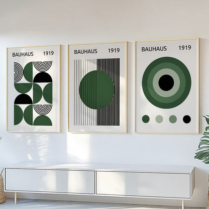 Mid-century modern Bauhaus print set in dark green and black, perfect for trendy wall decor.