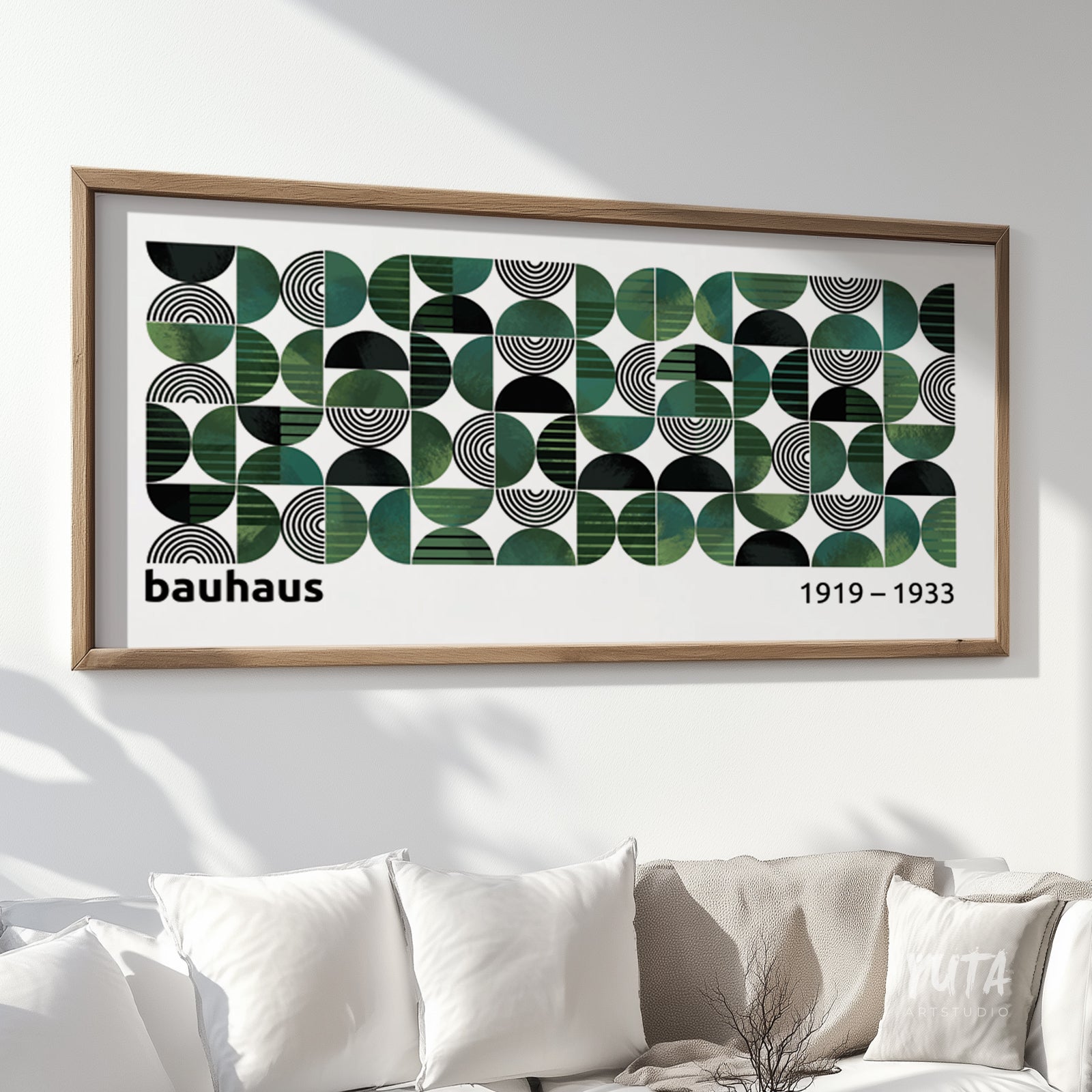 Modern abstract emerald and black art print in horizontal format, designed for living room or hallway