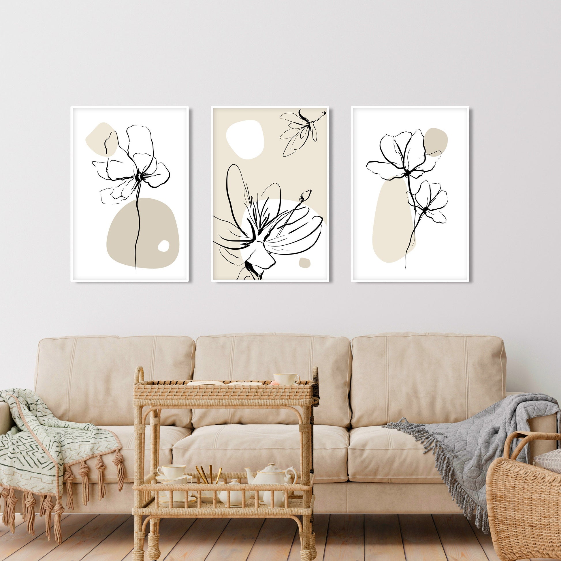 Beige bohemian floral triptych, mid-century modern botanical wall art for above bed.