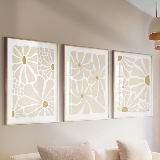 Set of 3 beige Matisse floral prints – modern abstract wall art for boho bedroom or living room.