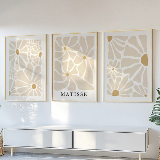 Set of 3 beige Matisse-style floral prints – modern boho wall art for neutral above-bed or gallery decor.
