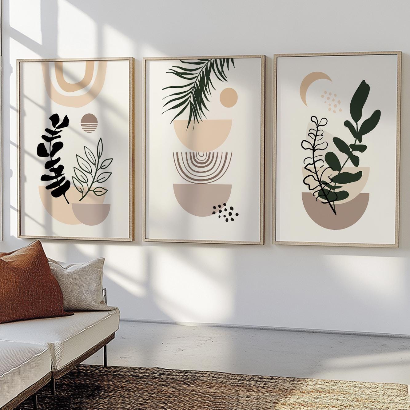 Set of 3 digital boho prints – pastel beige and black artwork for above bed or gallery wall decor.
