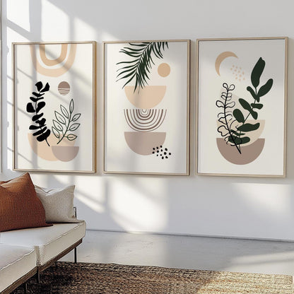 Set of 3 digital boho prints – pastel beige and black artwork for above bed or gallery wall decor.