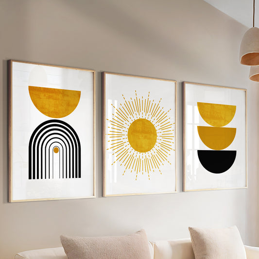 Mustard Yellow and Black Boho Wall Art Set – 3 Piece Abstract Decor for Bedrooms