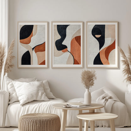 Modern Abstract Set of 3 – Black Terracotta Nordic Geometric Art (USA)