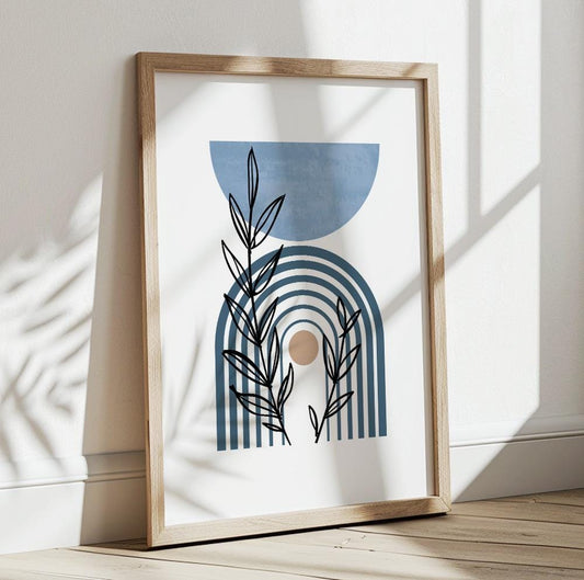 Blue boho botanical print with minimalist pastel style, perfect for mid-century modern room decor.