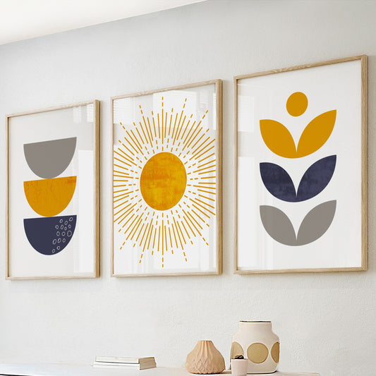 Blue and mustard yellow modern boho triptych set for vibrant mid-century gallery walls.