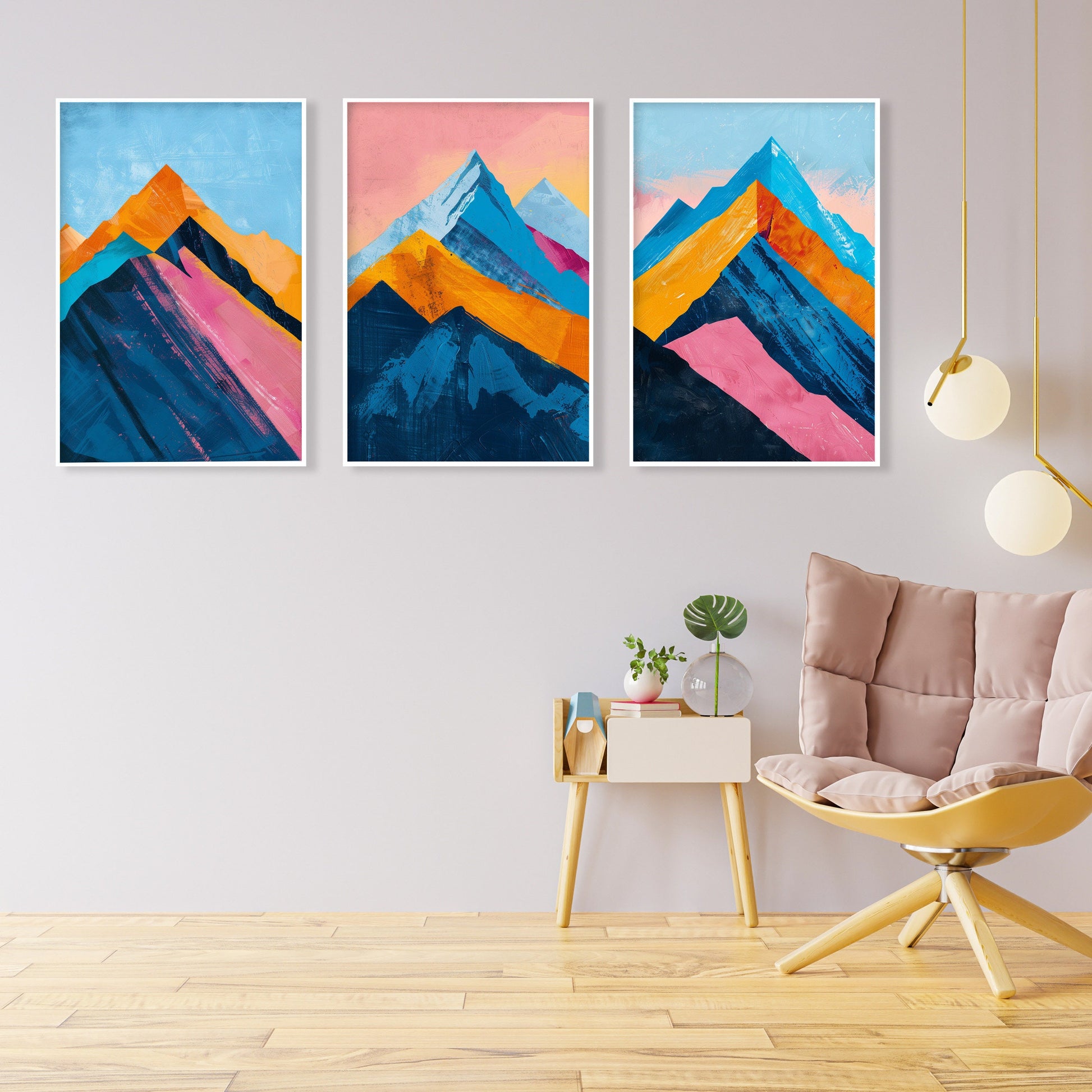 Set of 3 vibrant abstract mountains prints – colorful minimalist landscape wall art.
