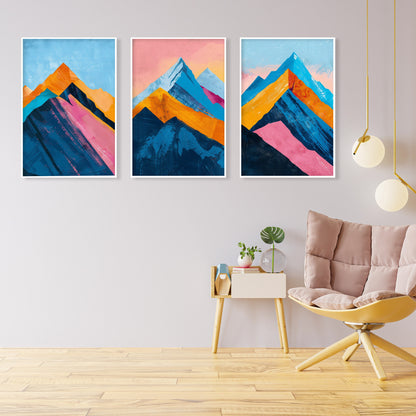 Set of 3 vibrant abstract mountains prints – colorful minimalist landscape wall art.