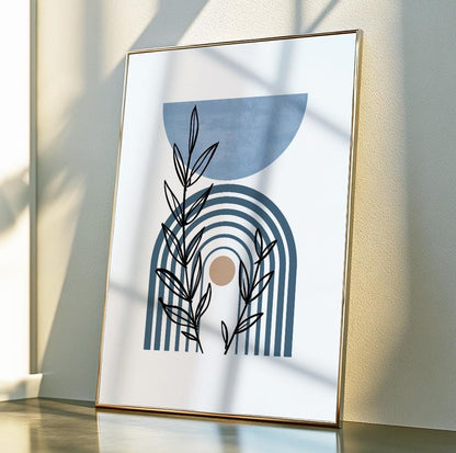Blue Scandinavian botanical art print with minimalist and pastel mid-century style.