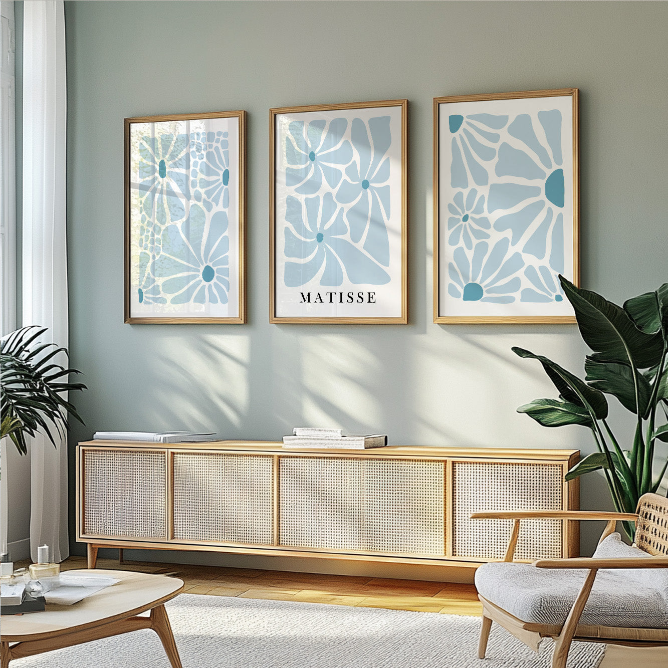 Light Blue Matisse Flower Set of 3 Prints – Minimalist Mid Century Art, Vintage Wall Art for Bedroom