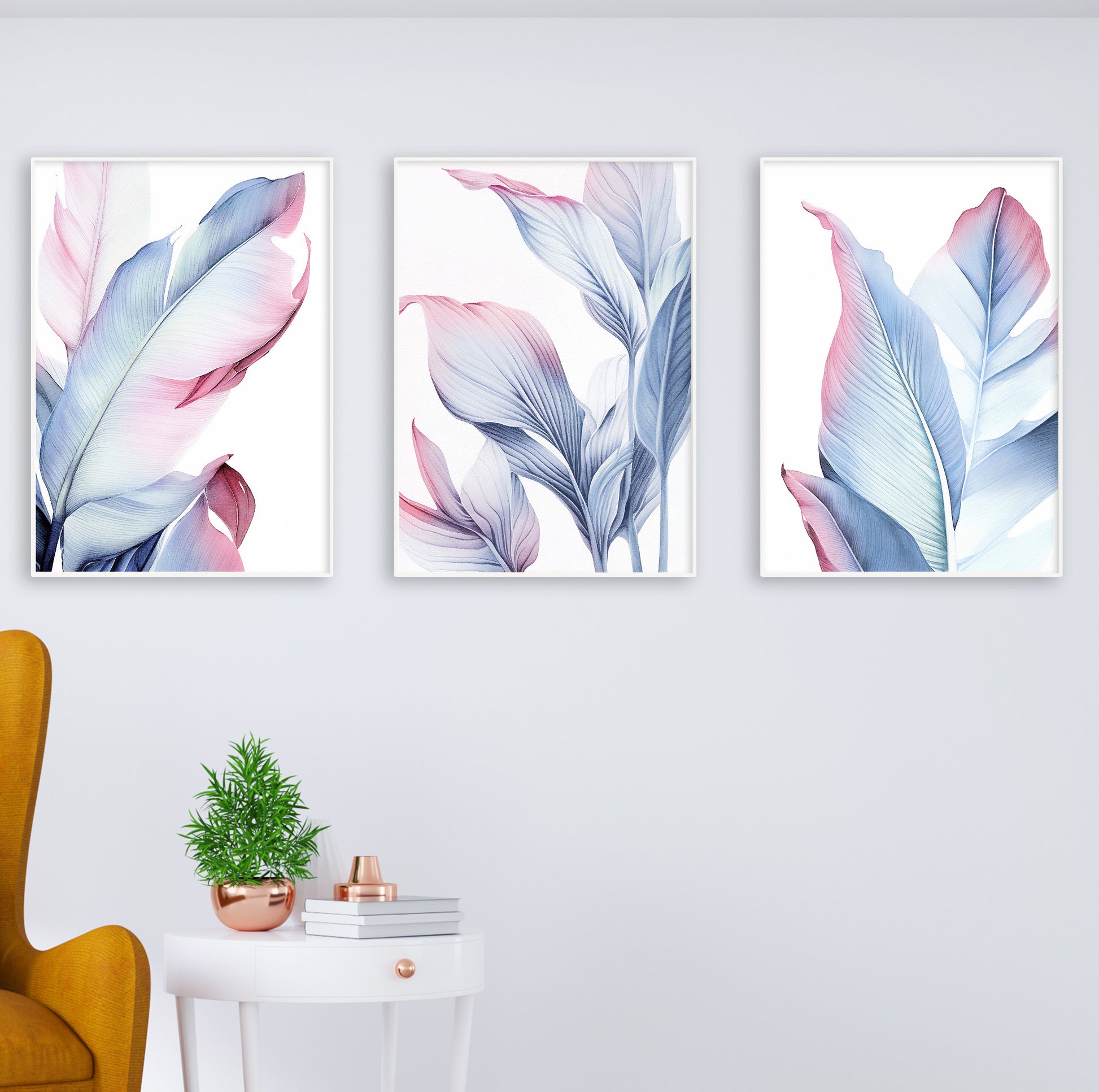 Delicate tropical leaf prints in blended pink and blue tones, ideal for cozy and elegant wall decor.

