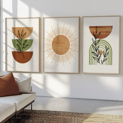 Terracotta Green Boho Set of 3 Prints – Mid Century Modern Neutral Art, Large Above Bed Gallery Wall Set