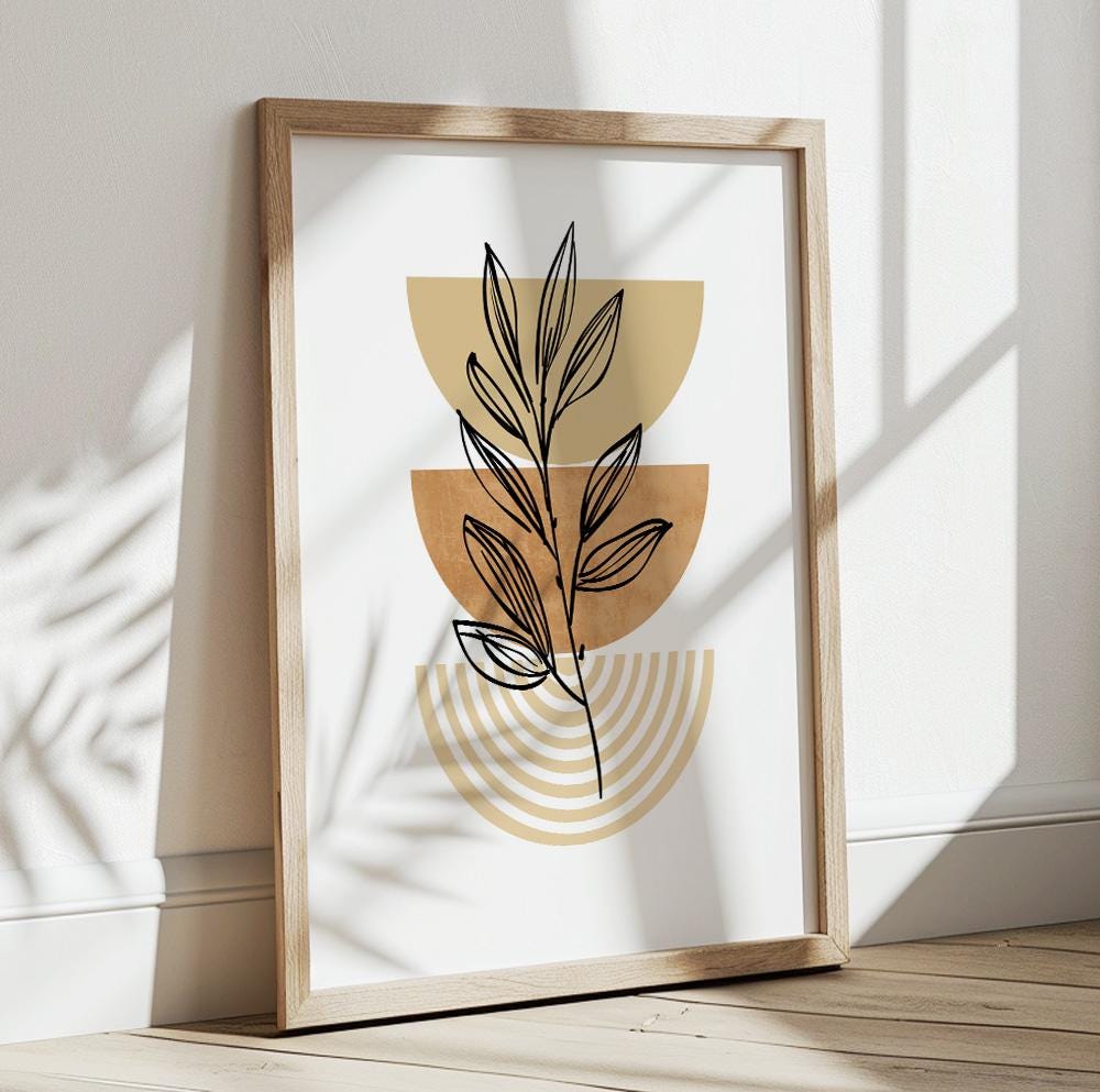 Boho wall art print in beige and earthy colors, ideal for minimalist bedroom or living room.