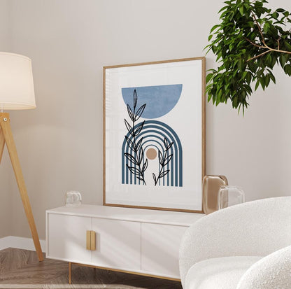 Blue boho art print with mid-century modern aesthetic for calm and elegant spaces.