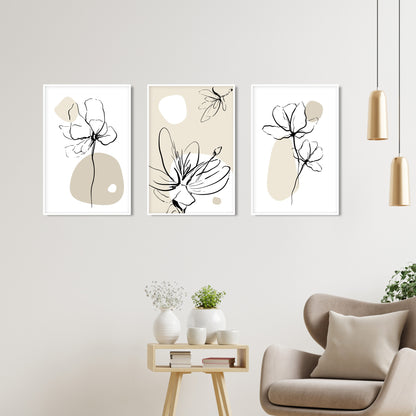 Boho floral neutral wall art set of three, ideal for mid-century bedroom decoration.