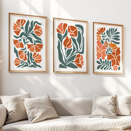 Boho Floral Set of 3 Prints – Light Terracotta Minimalist Botanical Mid Century Gallery Wall Set