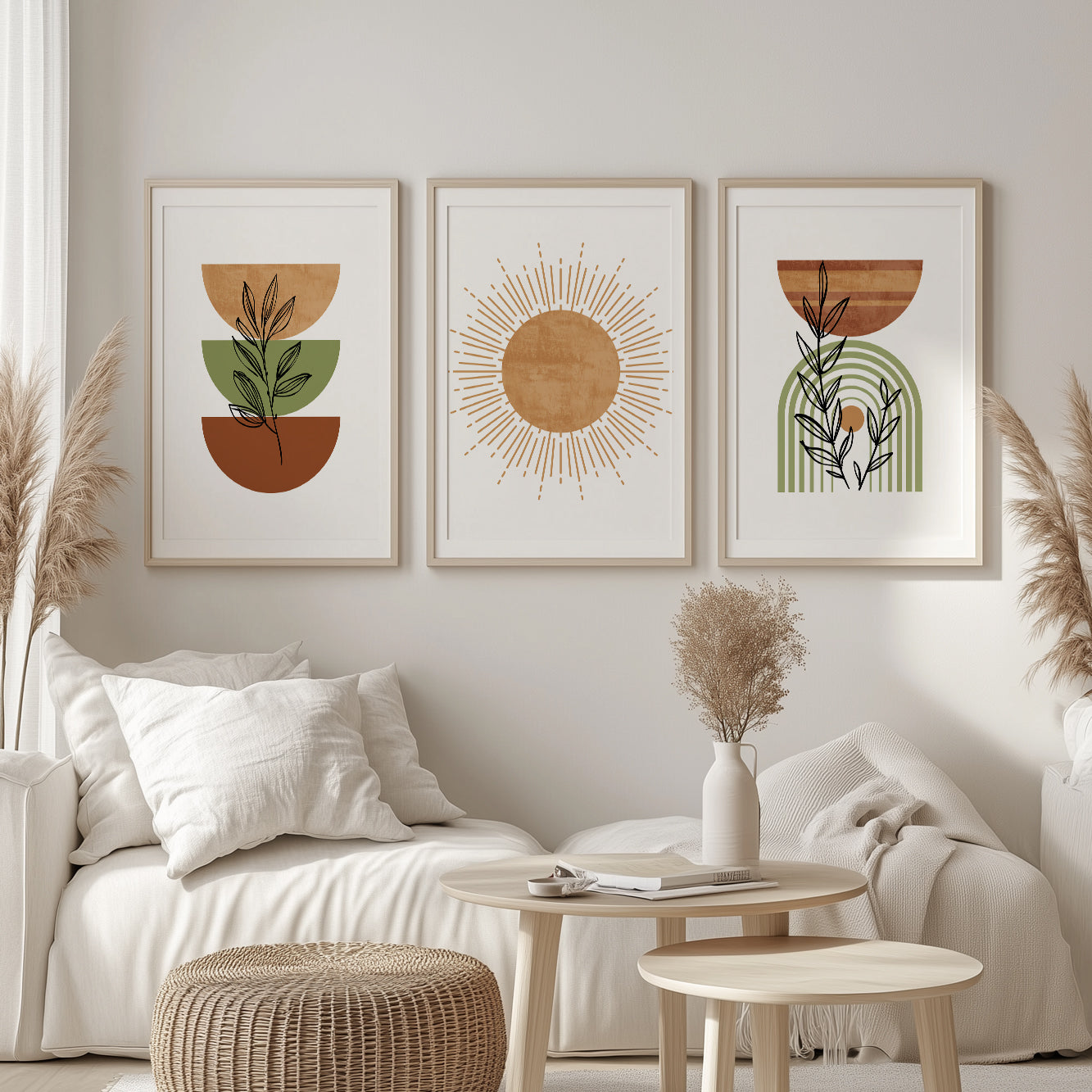 Terracotta Green Boho Set of 3 Prints – Mid Century Modern Neutral Gallery Wall Art, Bohemian Above Bed Prints
