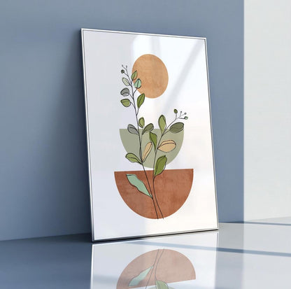 Boho neutral print with terracotta and green tones for modern bedroom wall styling.