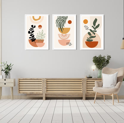 Beige and terracotta abstract art trio for boho-style gallery wall, modern minimalist bedroom or living space