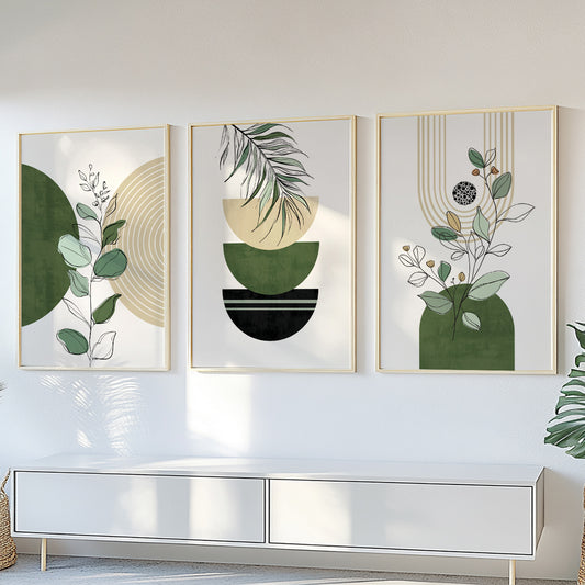 Boho terracotta and green triptych gallery wall art set for mid-century modern interiors.