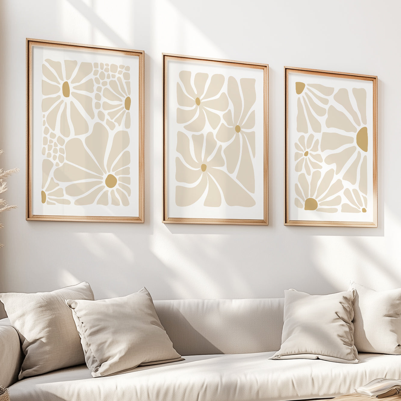 Neutral floral wall art set of 3 – boho Matisse-style decor for living room or hallway.