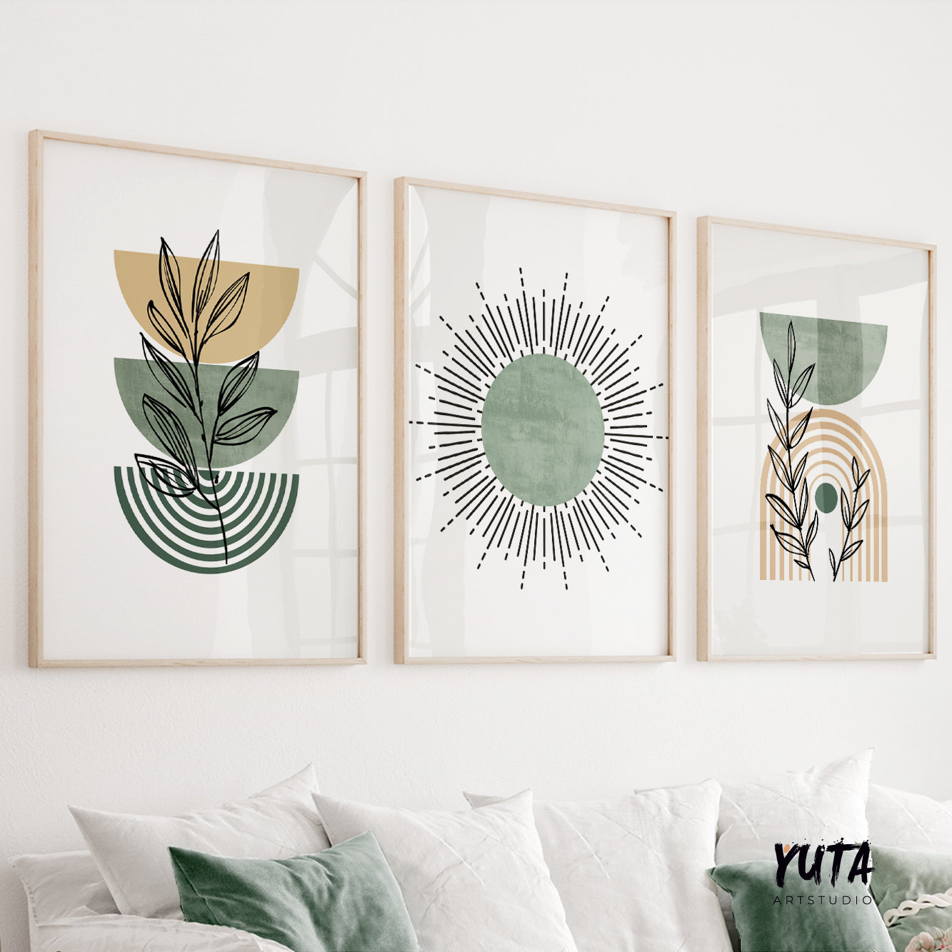 Set of 3 modern boho wall prints with green sun, rainbow and leaf abstract illustrations