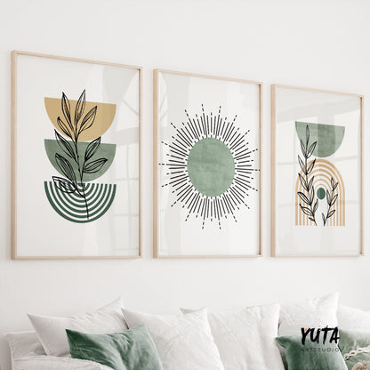 Set of 3 modern boho wall prints with green sun, rainbow and leaf abstract illustrations