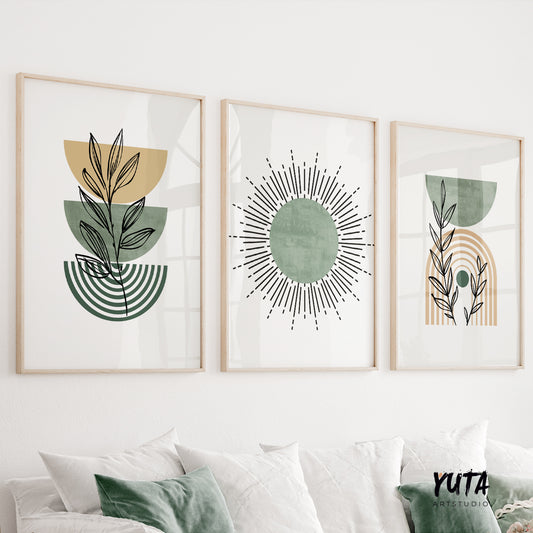 Set of 3 modern boho wall prints with green sun, rainbow and leaf abstract illustrations