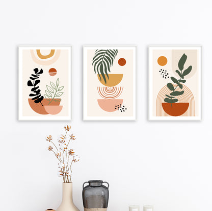 Modern abstract plant print with a dark green plant in a terracotta pot over arched lines and orange circle.

