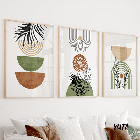 Set of 3 boho wall art prints in earthy tones with abstract plant design
