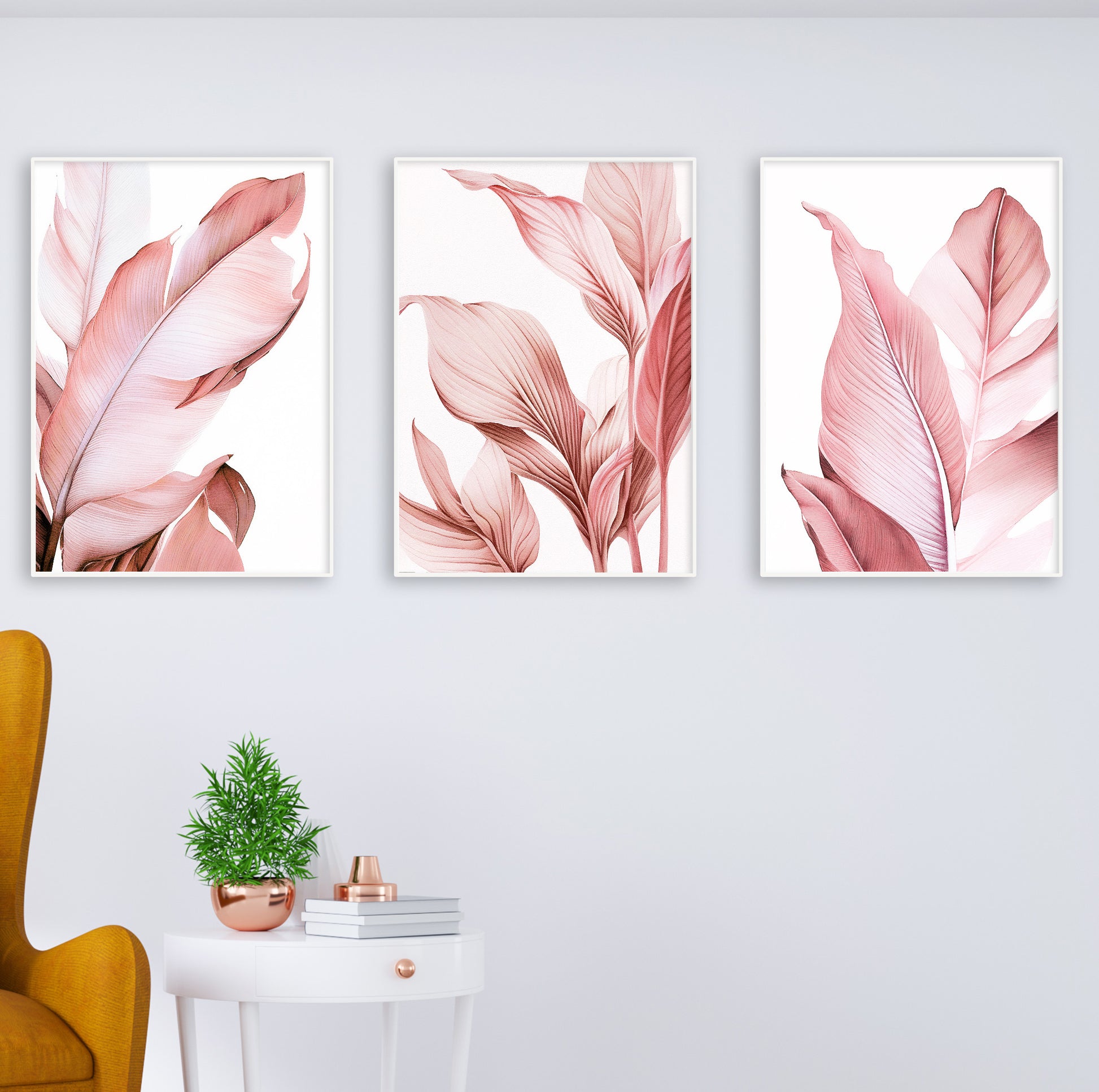 Boho-inspired space featuring pink leaf wall art and a rustic wooden side cabinet with plants.

